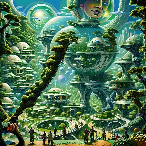 people walk along the path of a futuristic city, utopian jungle in space, Futuristic Valley, Futuristic utopian fantasy, Utopian City, Solarpunk utopia, solarpunk Futuristic utopia, solarpunk village, downtown Solarpunk utopia, Futuristic utopia, retrofutu...