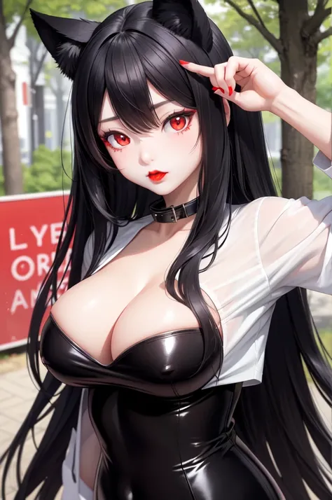 1 girl、Detailed facial details，Cat ear，Black long hair,red lips，Slim，White latex school uniform，Student Clothing，Large Breasts，Charming red eyes,，handcuffs，collar，Radiant Skin，campus，forest