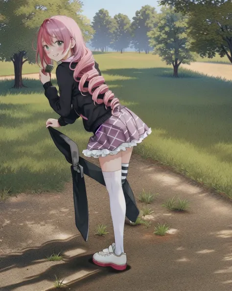 {{{masterpiece}}}, {{{Highest quality}}},megumegu, One girl, alone, Knee socks, Multicolored Hair, Pink Hair, Split Color Hair, Striped, Asymmetrical legwear, Mismatched legwear, Food, Long Hair, Purple eyes, Two-tone hair,Drill Hair, [Face 2 pink heart ma...