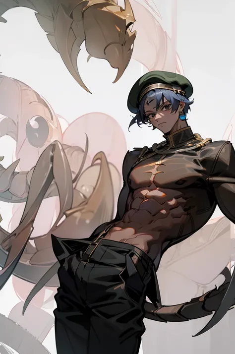 Human physique,Human anatomy,Scorpion tail,person of African descent, Short hair,Beret, Above all,Black pants,Black shoes, Tall man, Male figure 