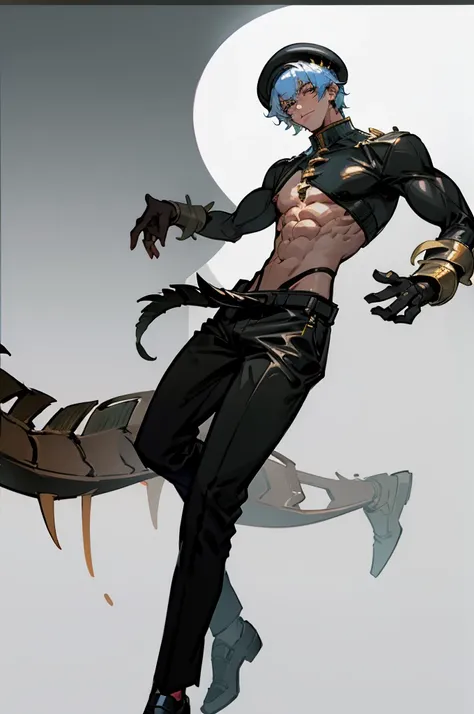 Human physique,Human anatomy,Scorpion tail,person of African descent, Short hair,Beret, Above all,Black pants,Black shoes, Tall man, Male figure 