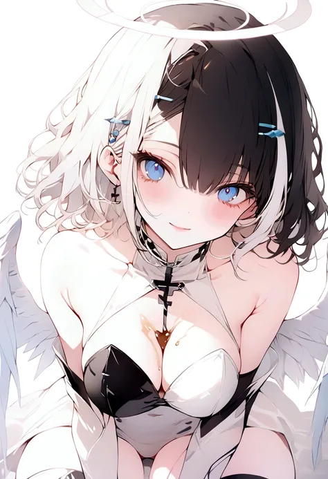 beautiful, masterpiece, Highest quality, anime, One girl, C Cup,Portrait Shot, View your viewers, Intricate details,>,((Covered、Short Hair、nearby、Blue Eyes、art、、White hair,Blue streaked hair、wallpaper、、hairpin、smile、Angel、Thighs、Halo、、Armpit、white_liquid、B...