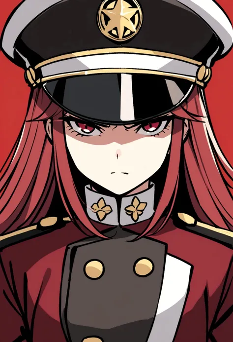 Female admiral, shes tall and has maroon red hair, she wears a grey and Maroon red coat, she has a captains cap, she looks serious and confident