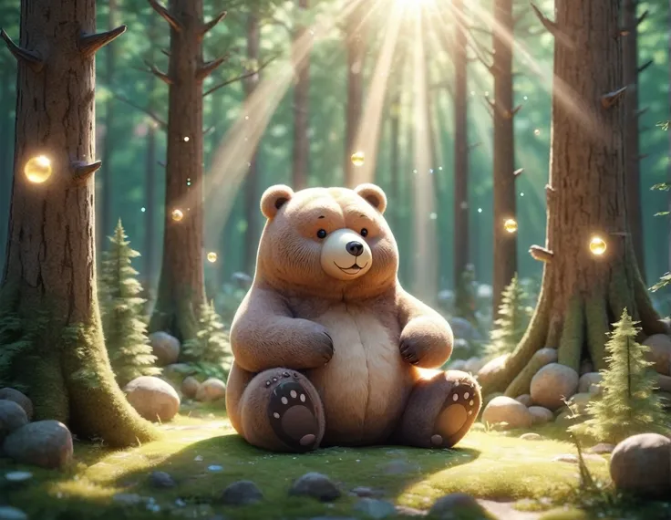 A fluffy, round bear、Cute Bear、3D image forest、Sunlight filtering through the trees、Sparkling、bright、fun