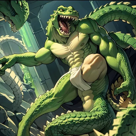 8k、((((No humans))))、Libra, reptiles, scar, Humanity, Crocodile, green body, scale, There is nothing there, Crocodilian, facial scar, Muscular, green scale, teeth、get annoyed、Fighting stance、Movement angle、Dramatic Angle