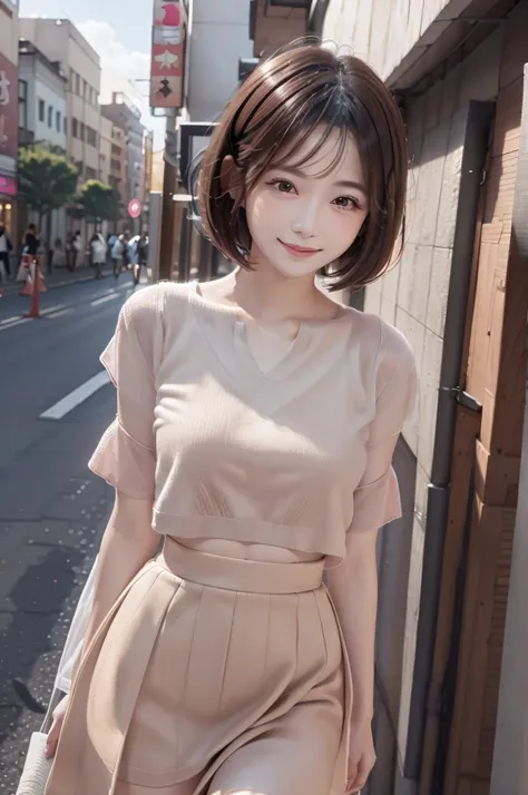 1woman, idol, short hair, bob cut, brown hair, building rooftop, border knit, tulle skirt, light pink tulle skirt, yakiniku, barbecue, look here, smile