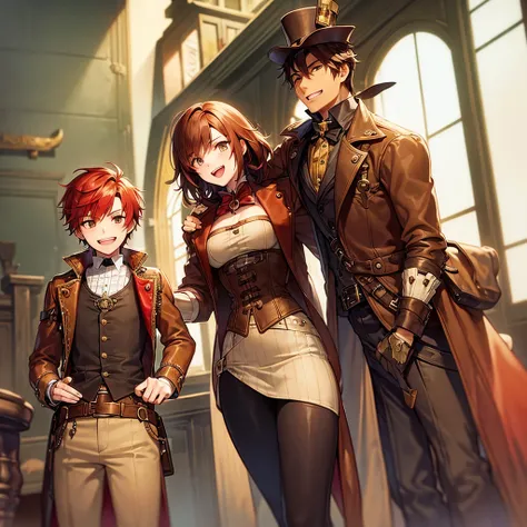 (Short Steampunk boy with brown hair) laughing with a (tall steampunk girl with red hair) 