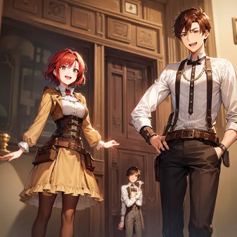 (Short Steampunk boy with brown hair) laughing with a (tall steampunk girl with red hair) 