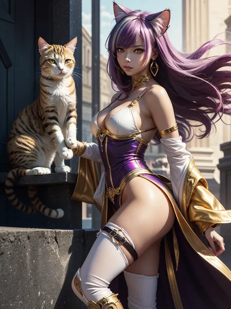 There is lost coliseum there stand female lionessin battle stance, she have ebony colour skin beautiful yellow cat eyes dark gold eyeshadows make up, ring style earrings, her hair is purple with pink highlights . she dressed in white neather topic with gol...