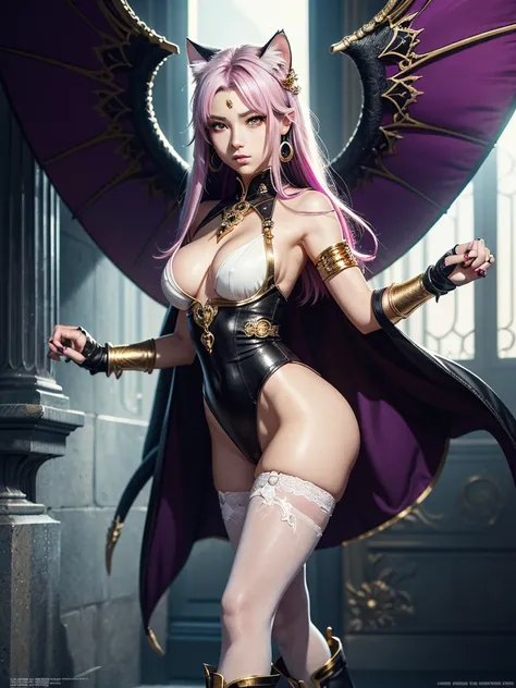 There is lost coliseum there stand female lionessin battle stance, she have ebony colour skin beautiful yellow cat eyes dark gold eyeshadows make up, ring style earrings, her hair is purple with pink highlights . she dressed in white neather topic with gol...