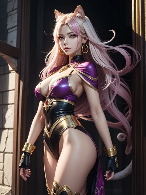 There is lost coliseum there stand female lionessin battle stance, she have ebony colour skin beautiful yellow cat eyes dark gold eyeshadows make up, ring style earrings, her hair is purple with pink highlights . she dressed in white neather topic with gol...