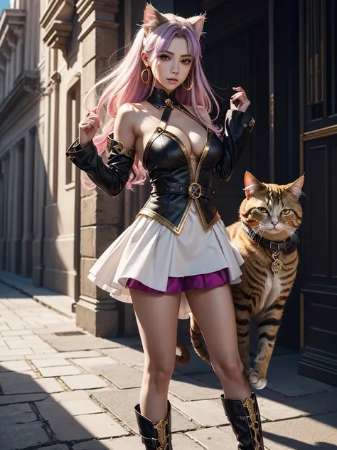 There is lost coliseum there stand female lionessin battle stance, she have ebony colour skin beautiful yellow cat eyes dark gold eyeshadows make up, ring style earrings, her hair is purple with pink highlights . she dressed in white neather topic with gol...