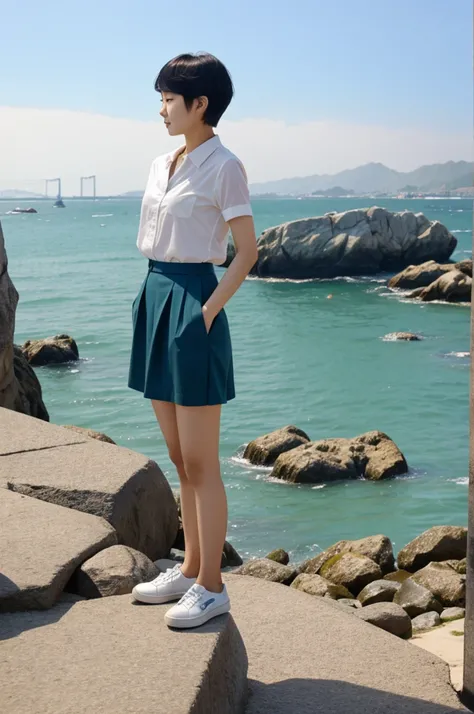 Korean girl with short hair, good figure, sea view