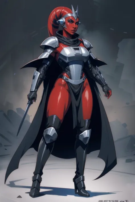 Brutal Red Skin Twilek with huge breasts wearing futuristic ((sleek (black) armor, black armor)) robes, cowl, crown, helmet, cape, huge breasts, slim hips, small waist, full-body shot