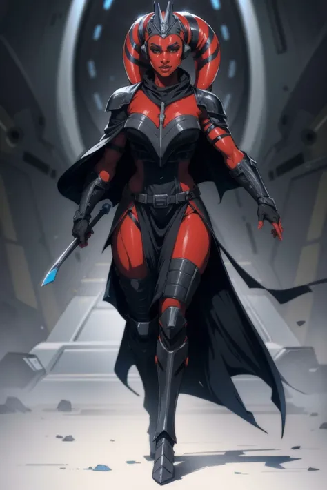 Brutal Red Skin Twilek with huge breasts wearing futuristic ((sleek (black) armor, black armor)) robes, cowl, crown, helmet, cape, huge breasts, slim hips, small waist, full-body shot