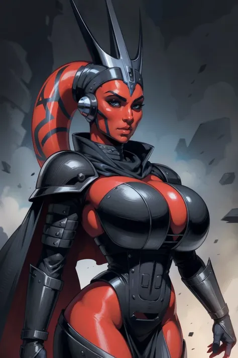 Brutal Red Skin Twilek with huge breasts wearing futuristic ((sleek (black) armor, black armor)) robes, cowl, crown, helmet, cape, huge breasts, slim hips, small waist, full-body shot