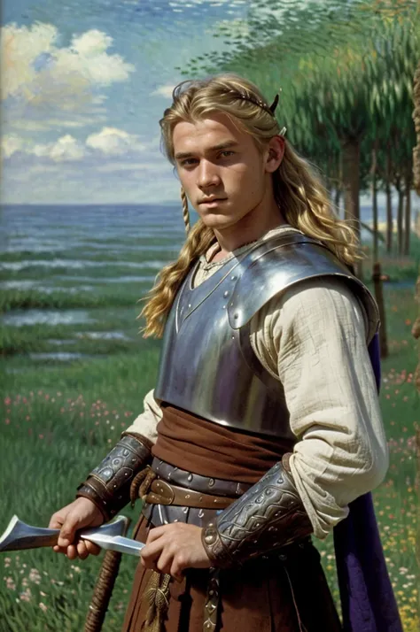 England, 878. close-up of a A young ((((18-year-old)) Uhtred)), viking boy, fierce, ((((viking clothings from the 870s)))), ((blonde hairstyle of the 870s)), ((colorful, Monet))