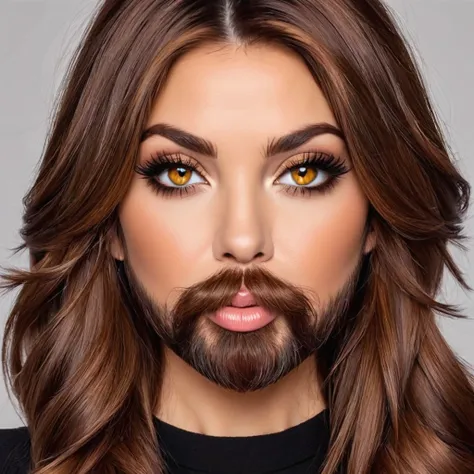 
bearded bearded woman, brown hair, amber eyes, makes a smack, fakes a kiss