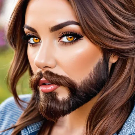 
bearded bearded woman, brown hair, amber eyes, makes a smack, fakes a kiss