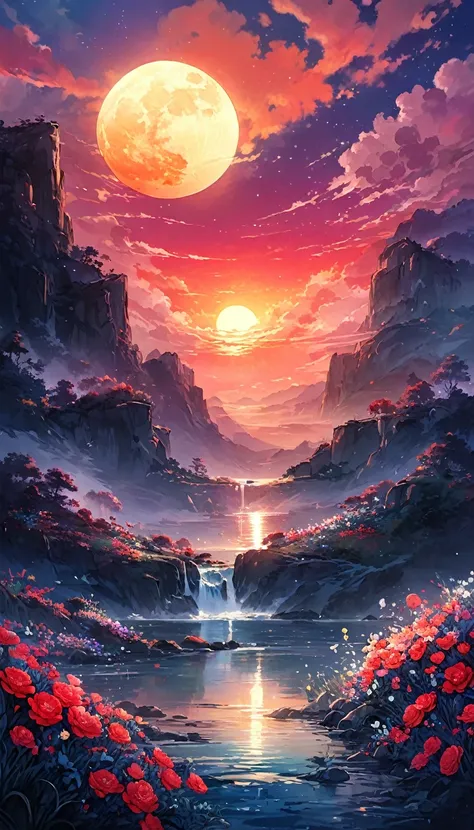 "Blood Moon Digital Watercolor Summer Landscape Sunset Illustration,  Carne Griffith, Lee Min-jae, Anna Paula Hoppe, Stylized watercolor, complicated, complicatedなコントラスト, High resolution, sharp, Soft Cinematic Volumetric Lighting, Pastel colors like flower...