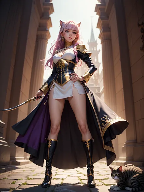 There is lost coliseum there stand female lionessin battle stance, she have ebony colour skin beautiful yellow cat eyes dark gold eyeshadows make up, ring style earrings, her hair is purple with pink highlights . she dressed in white neather topic with gol...