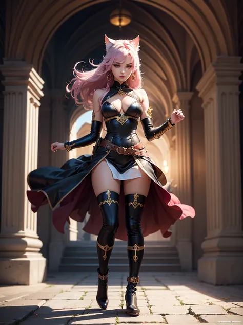 There is lost coliseum there stand female lionessin battle stance, she have ebony colour skin beautiful yellow cat eyes dark gold eyeshadows make up, ring style earrings, her hair is purple with pink highlights . she dressed in white neather topic with gol...