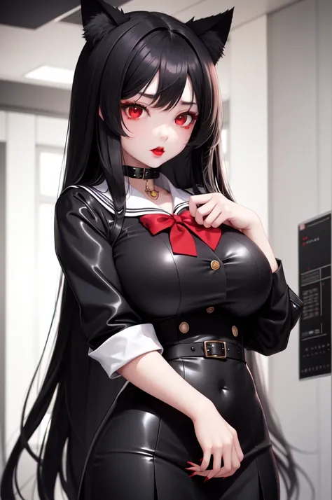 1 girl、Detailed facial details，Cat ear，Black long hair,red lips，Slim，White latex school uniform，Student Clothing，Large Breasts，Charming red eyes,，handcuffs，collar，Radiant Skin，campus，forest