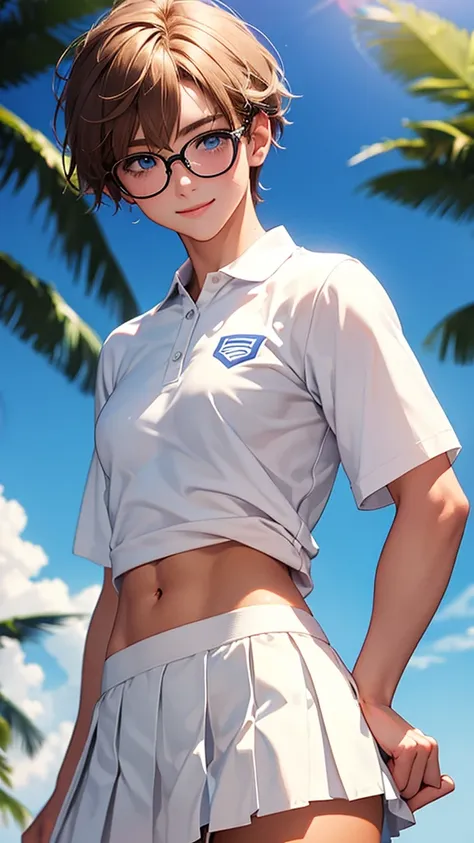 highest quality、Realistic、female、zoom、Chestnut Hair、Blue Eyes、short hair、athlete、White polo shirt、White pleated skirt、athlete、muscle、Abdominal muscles、Glasses、Sunburned、Tan、Brown Skin、From below、smile、Looking down、、Small breasts、Bust Shot、　