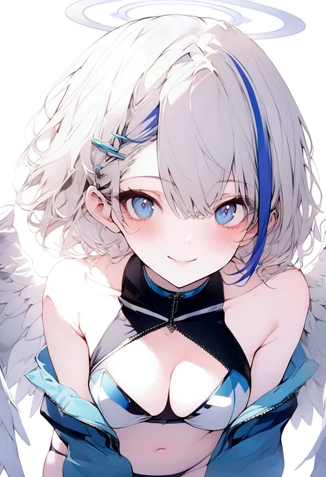 beautiful, masterpiece, Highest quality, anime, One girl, C Cup,Portrait Shot, View your viewers, Intricate details,>,((Covered、Short Hair、nearby、Blue Eyes、art、、White hair,Blue streaked hair、wallpaper、、hairpin、smile、Angel、Thighs、Halo、navel、Plainer_Race Que...