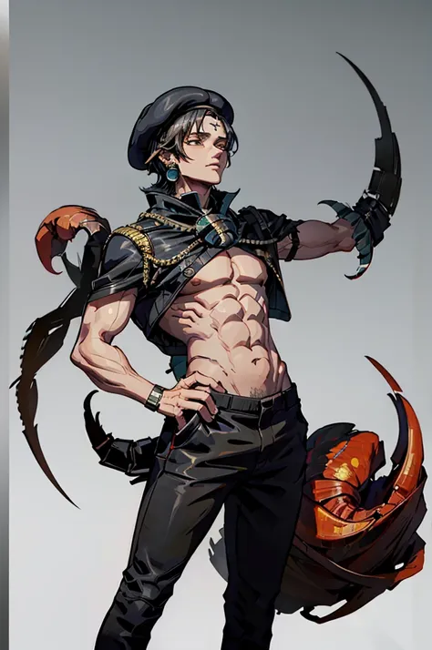 Human physique,Human anatomy,Scorpion tail,person of African descent, Short hair,Beret, Above all,Black pants,Black shoes, Tall man, Male figure 