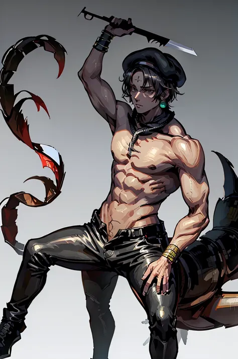 Human physique,Human anatomy,Scorpion tail,person of African descent, Short hair,Beret, Above all,Black pants,Black shoes, Tall man, Male figure 