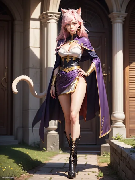 There is lost coliseum there stand female lionessin battle stance, she have ebony colour skin beautiful yellow cat eyes dark gold eyeshadows make up, ring style earrings, her hair is purple with pink highlights . she dressed in white neather topic with gol...