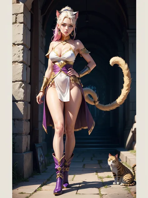 There is lost coliseum there stand female lionessin battle stance, she have ebony colour skin beautiful yellow cat eyes dark gold eyeshadows make up, ring style earrings, her hair is purple with pink highlights . she dressed in white neather topic with gol...