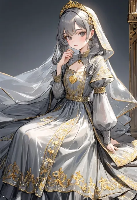 girl, Gold and silver embroidery, White-gray pearl medieval long dress（With panniers）, Translucent fabric, Pull up the dress by hand, Strong winds, Translucent slip, Grey translucent tights, Peeking from below, Highest quality, Disorder of clothing, sit