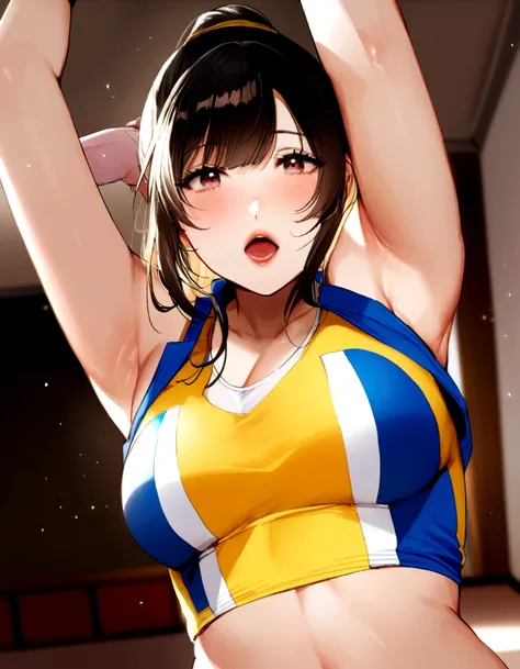 A fifty-something Asian woman wearing a sports bra top and holding a basketball ball, Shot with Canon EOS R 6, Chiho, realistic Young Gravure Idol, Lee Ji-eun, Lee Ji-eun, kimi takemura, Faye Valentine, Young Gravure Idol, sakimichan HDRI, Chiho ashima, Sh...