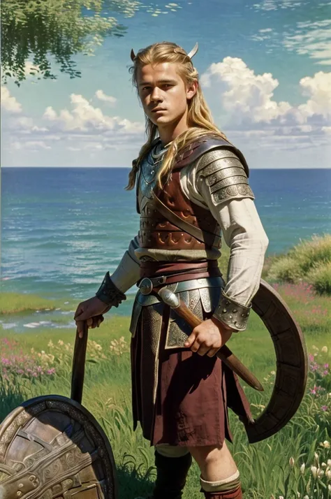 England, 878. A young ((((18-year-old)) Uhtred)), viking boy, fierce, ((((viking clothings from the 870s)))), ((blonde hairstyle of the 870s)), ((colorful, Monet))