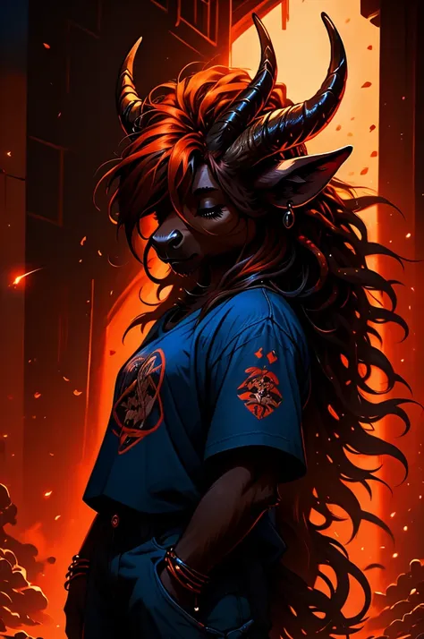 a masculine female highland cow with mullet-like dreadlocks and her hair over her eyes, rings on horns, wearing a band t-shirt and baggy blue jeans, detailed horns, detailed fur, dramatic lighting, dramatic shadows, vibrant colors, warm color palette.