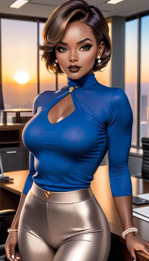 Beautiful woman with short straight brown hair with black eyes wearing a Grey Gym Tight Leggings, a Blue Sexy Criss Cross Mock Neck Mid Sleeves Blouse, luxurious jewelry, 18k gold wedding ring on left hand, standing in an office room at sunset wearing a lu...