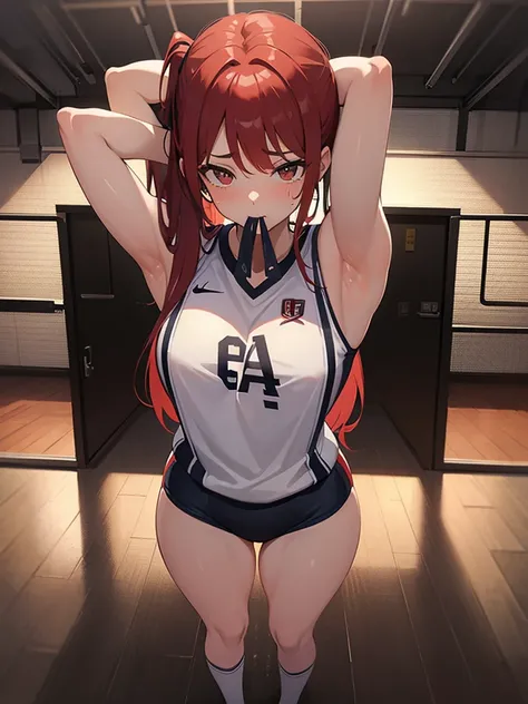 (Masterpiece, Best Quality), 1girl, beautiful face, red hair tied with hair tie in mouth, hands behind head, wearing sexy basketball uniform, standing provocatively in the middle of the court, full body, large thighs, sweaty