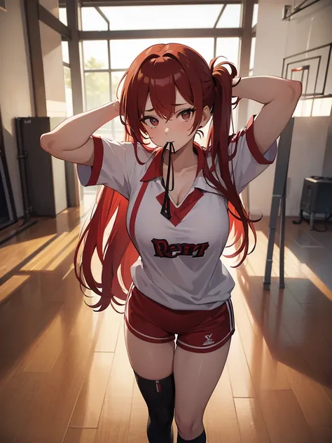 (Masterpiece, Best Quality), 1girl, beautiful face, red hair tied with hair tie in mouth, hands behind head, wearing sexy basketball uniform, standing provocatively in the middle of the court, full body, large thighs, sweaty