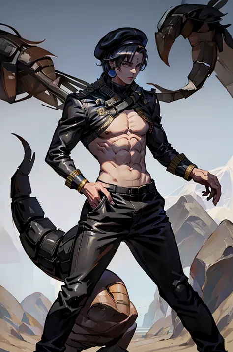 Human physique,Human anatomy,Scorpion tail,person of African descent, Short hair,Beret, Above all,Black pants,Black shoes, Tall man, Male figure, Black Skin, Especially down to the feet 