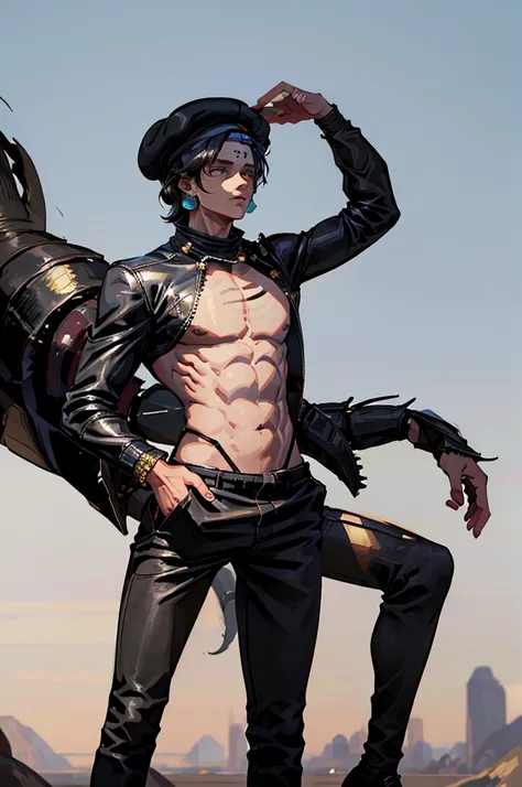 Human physique,Human anatomy,Scorpion tail,person of African descent, Short hair,Beret, Above all,Black pants,Black shoes, Tall man, Male figure, Black Skin, Especially down to the feet 