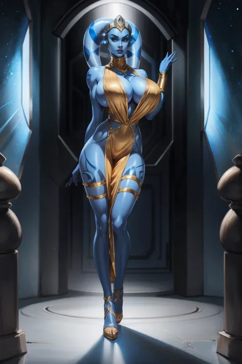 Tall Blue Skin Twilek with (huge breasts) wearing a tight short gold cocktail dress, short dress, high neck, sleeveless, (keyhole cleavage), tattoos, huge breasts, cleavage, tall, graceful, (tall, long legs), toned, slim hips, small waist, full-body shot