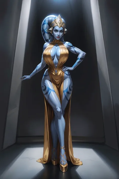 Tall Blue Skin Twilek with (huge breasts) wearing a tight short gold cocktail dress, short dress, high neck, sleeveless, (keyhole cleavage), tattoos, huge breasts, cleavage, tall, graceful, (tall, long legs), toned, slim hips, small waist, full-body shot