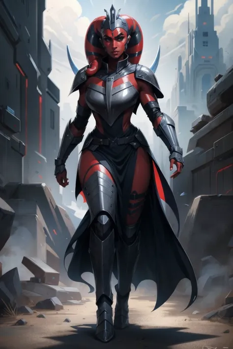 Brutal Red Skin Twilek with huge breasts wearing futuristic ((sleek (black) armor, black armor)) robes, cowl, crown, helmet, cape, huge breasts, slim hips, small waist, full-body shot