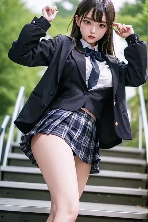 Top quality, high image, 1 woman, 18 years old, school stairs, black jacket, Medium breasts,white blouse,(plaid miniskirt), cotton panties,upskirt from below