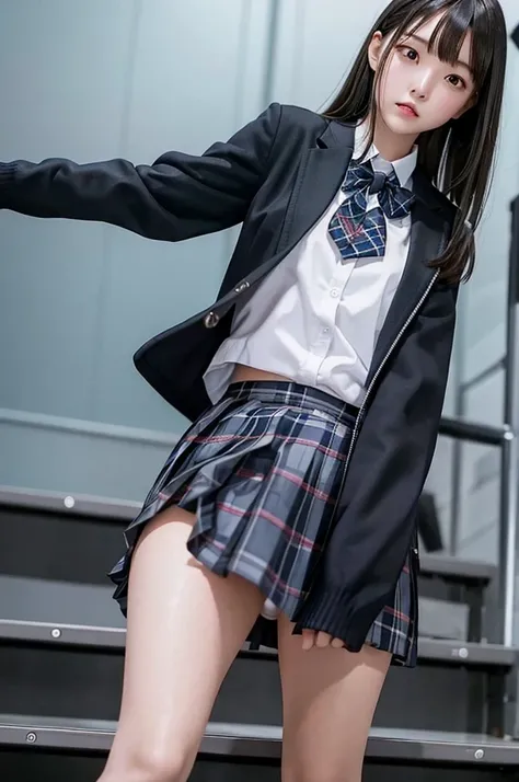 Top quality, high image, 1 woman, 18 years old, school stairs, black jacket, Medium breasts,white blouse,(plaid miniskirt), cotton panties,upskirt from below