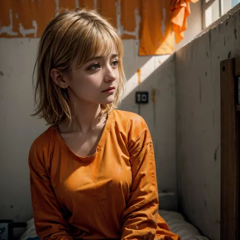 ((Realismo)), extremely alta qualidade RAW photograph, fundo detalhado, intricado, Messy hair, Detalhes e texturas requintados, altamente detalhado, Foto de (Allison Mack) in a prison cell, (wearing orange prison clothes:1.3), Looking away from the camera,...