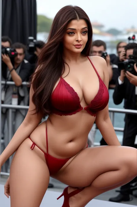 Aishwarya Rai Bachchan in cannes red carpet, micro mini leather bikini, milf body, milf body show exposing, no bindi, thigh high boots, bending and showing massive cleavage, giving seductive pose for photographers, navel out, breasts visible show, 90% brea...