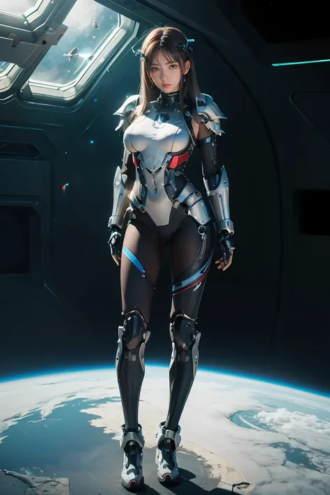 (full body photo:2), (one/woman/mechanic:1.8), (extremely large breasts:1.8), (all mechanical body:2), (with bionic armor:1.5), white with black gears, (she is inside a spaceship near the window seeing outer space:1.5), (she has very short purple straight ...